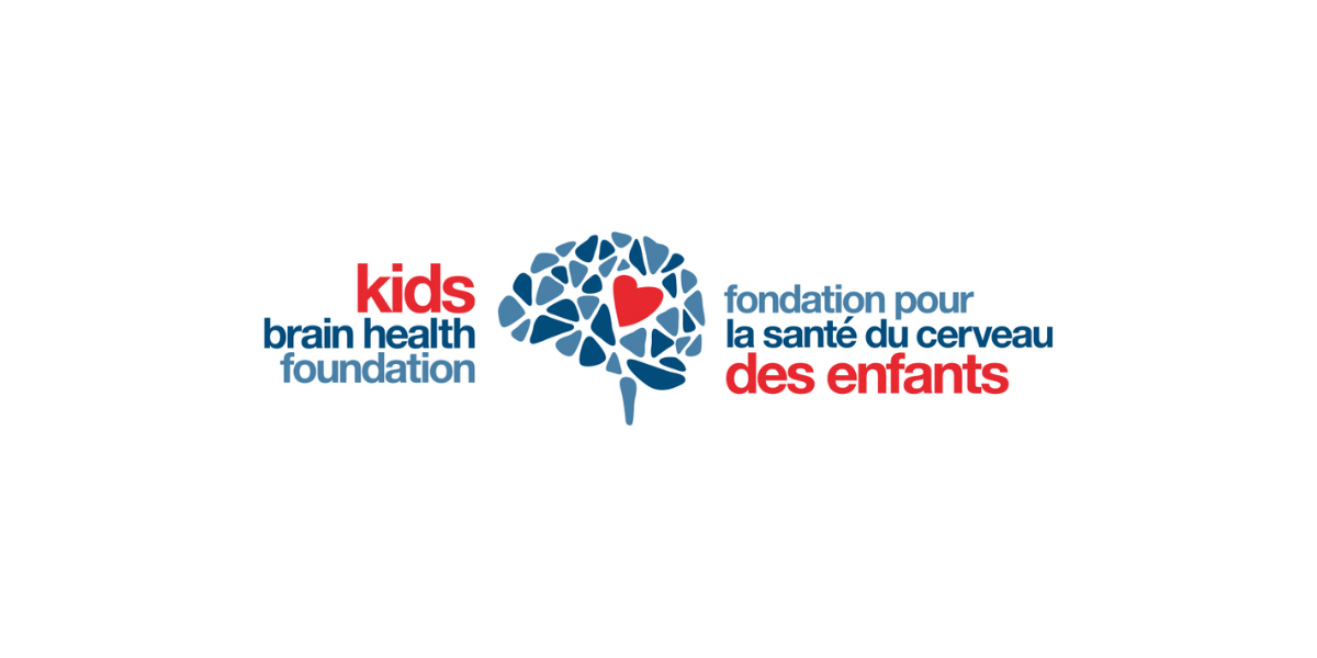 Kids Brain Health Foundation bilingual logo with a blue mosaic brain and red heart between the English and French organization names on a white background.