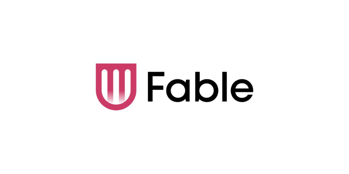 The Fable logo features a stylized shield-shaped icon in a pink-to-magenta gradient with three rounded white vertical bars inside. To the right, the word "Fable" appears in bold black sans-serif lettering on a white background.