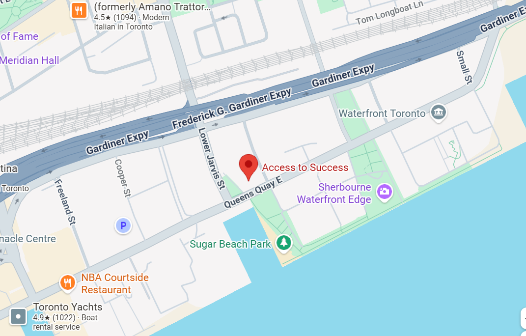 Map showing the Access to Success Innovation Hub on Queens Quay East near Toronto's waterfront and Sugar Beach Park.