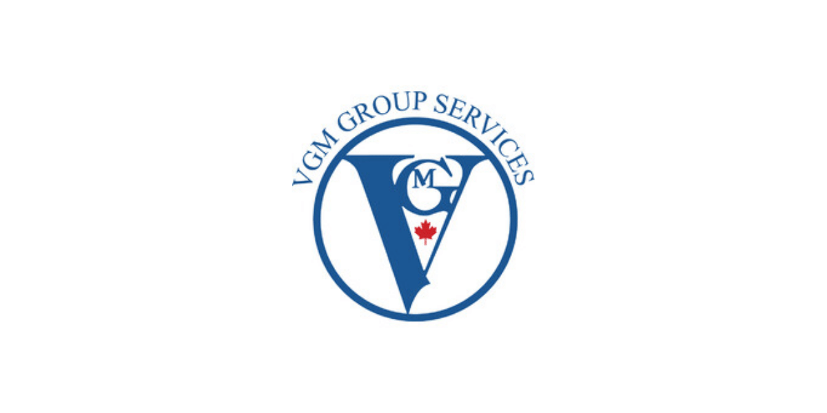 VGM Group Services logo featuring a blue circular emblem, stylized "VGM" design, and a red maple leaf on a white background