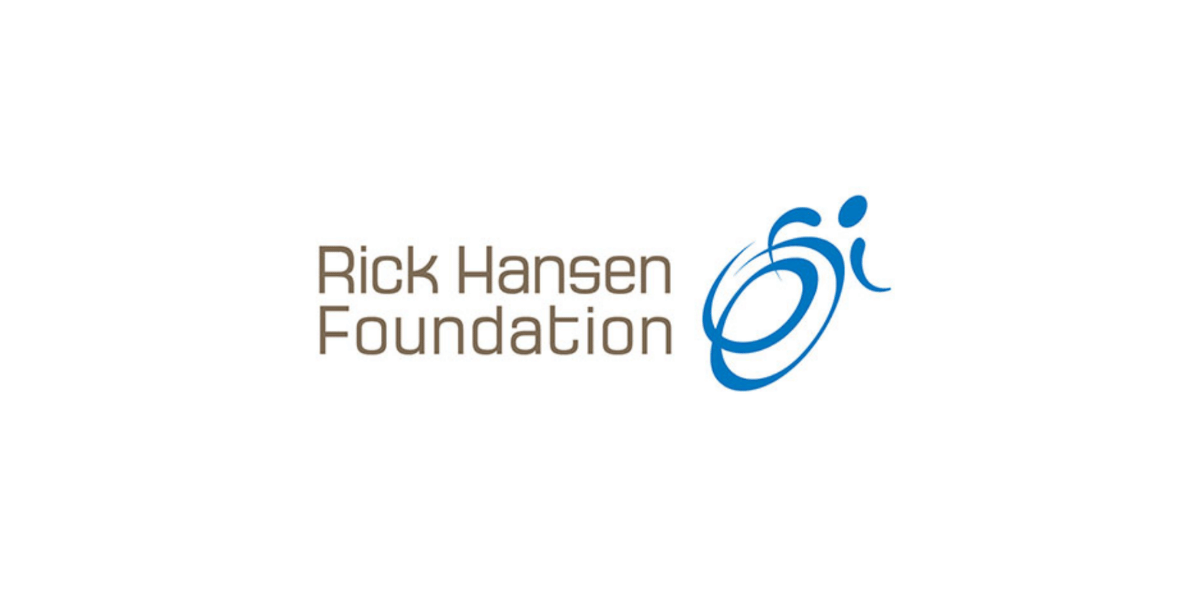 The Rick Hansen Foundation logo features the organization's name in gray sans-serif text alongside a stylized blue figure in motion, inspired by a wheelchair and circular movement.