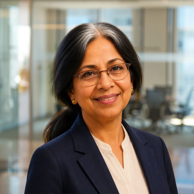 Head-and-shoulders portrait of Sambhavi Chandrashekar, PhD, CPACC, wearing glasses, a navy blazer, and a light-coloured blouse against a warm golden-yellow background. She has dark hair with grey streaks, pulled back into a low ponytail, and wears small gold earrings.